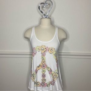 Lauren Moshi White and Multi Color Floral Peace Sign Razorback Tank Top